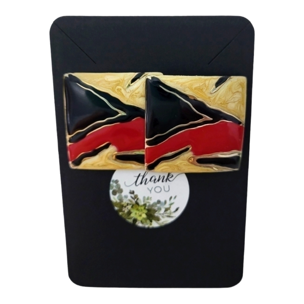 Retro 80s Square Brass Enamel Earrings - Picture 2 of 3